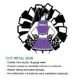 Cheerleader metal sign feature graphic showing the bow and pom pom design with product construction details
