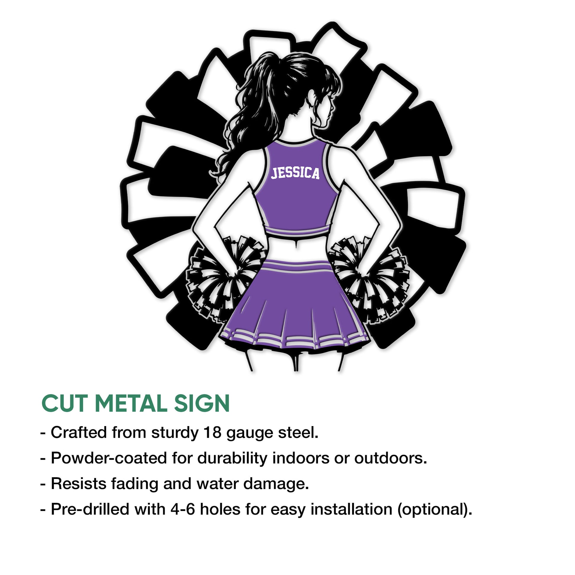 Cheerleader metal sign feature graphic showing the bow and pom pom design with product construction details