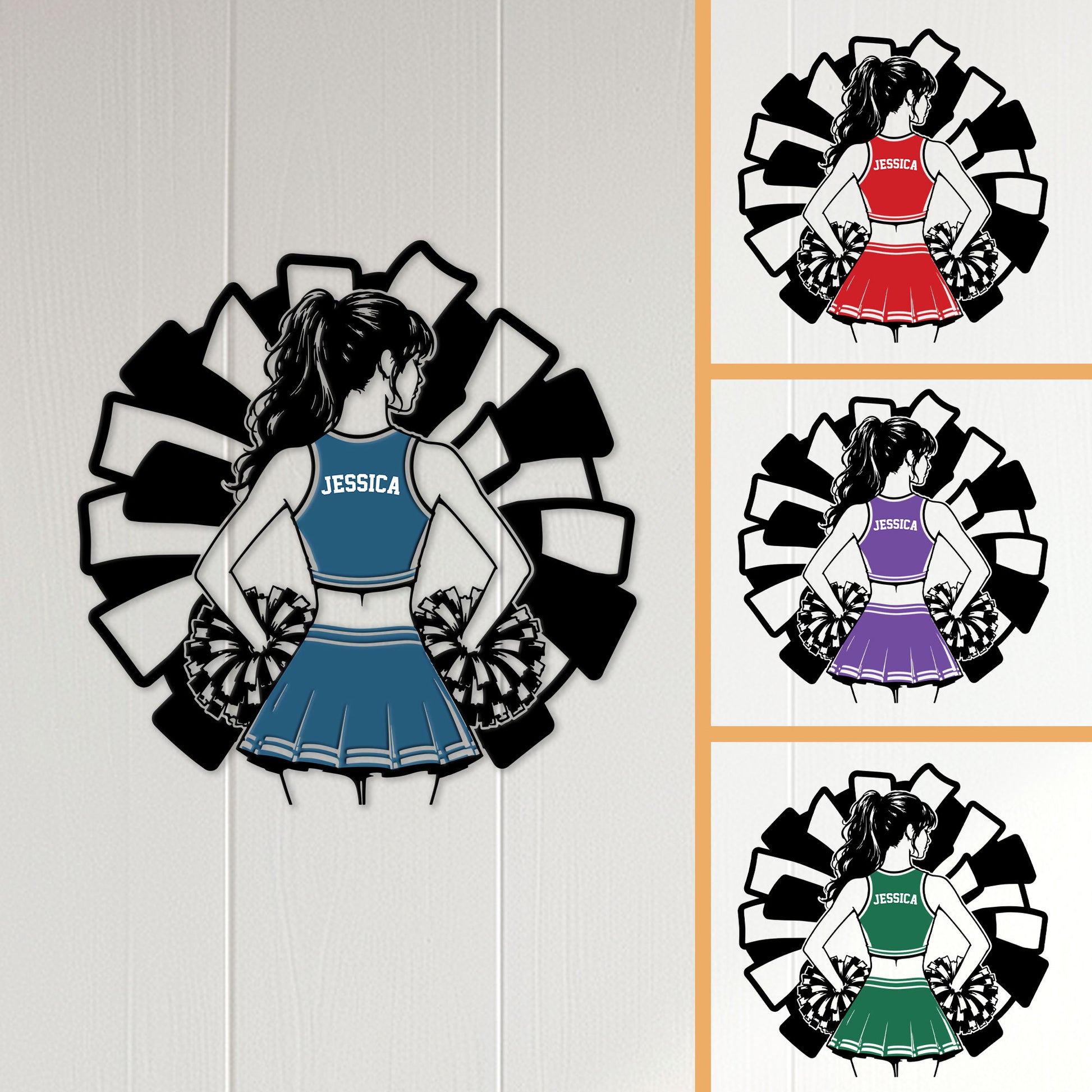 Cheerleading wall sign displayed on white paneling with multiple outfit color examples