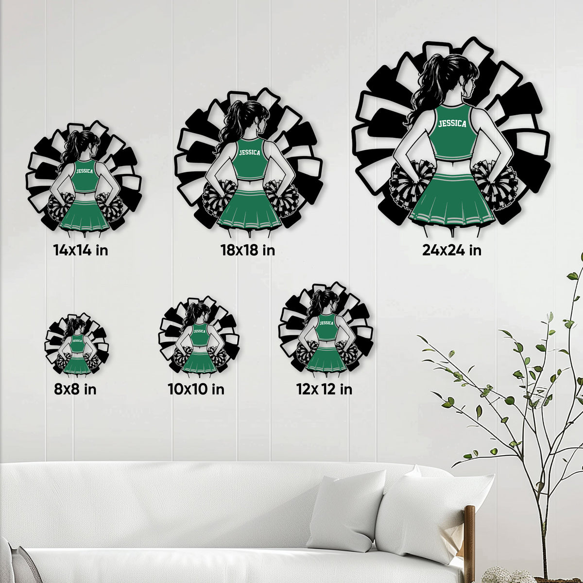 Cheerleader metal sign size guide showing 8, 10, 12, 14, 18, and 24 inch options
