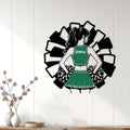 Green cheerleader metal sign styled as wall decor above a console with decorative vases