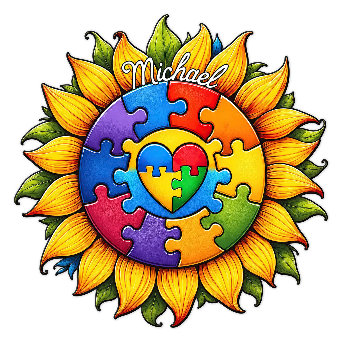 Custom autism metal sign with colorful puzzle pieces, a heart center, and bright sunflower petals