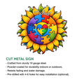 Autism awareness sunflower metal sign shown as cut metal wall decor with a colorful puzzle piece design