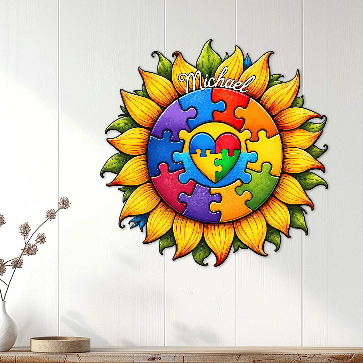 Colorful autism awareness sunflower sign displayed on a light wood wall in a welcoming home setting