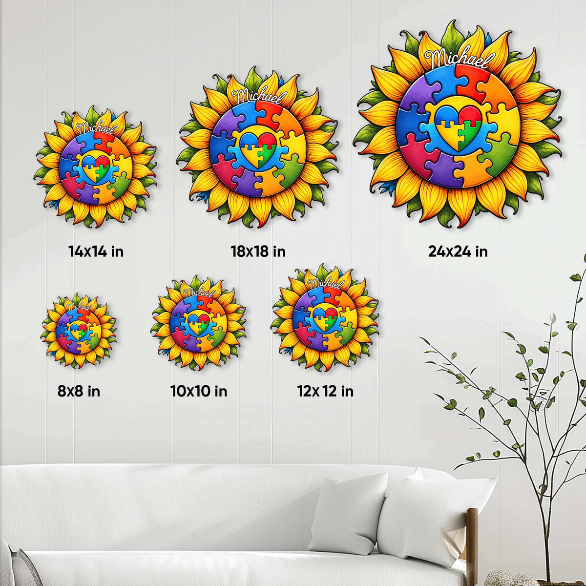 Autism sunflower metal sign shown in multiple size options for wall decor and home display