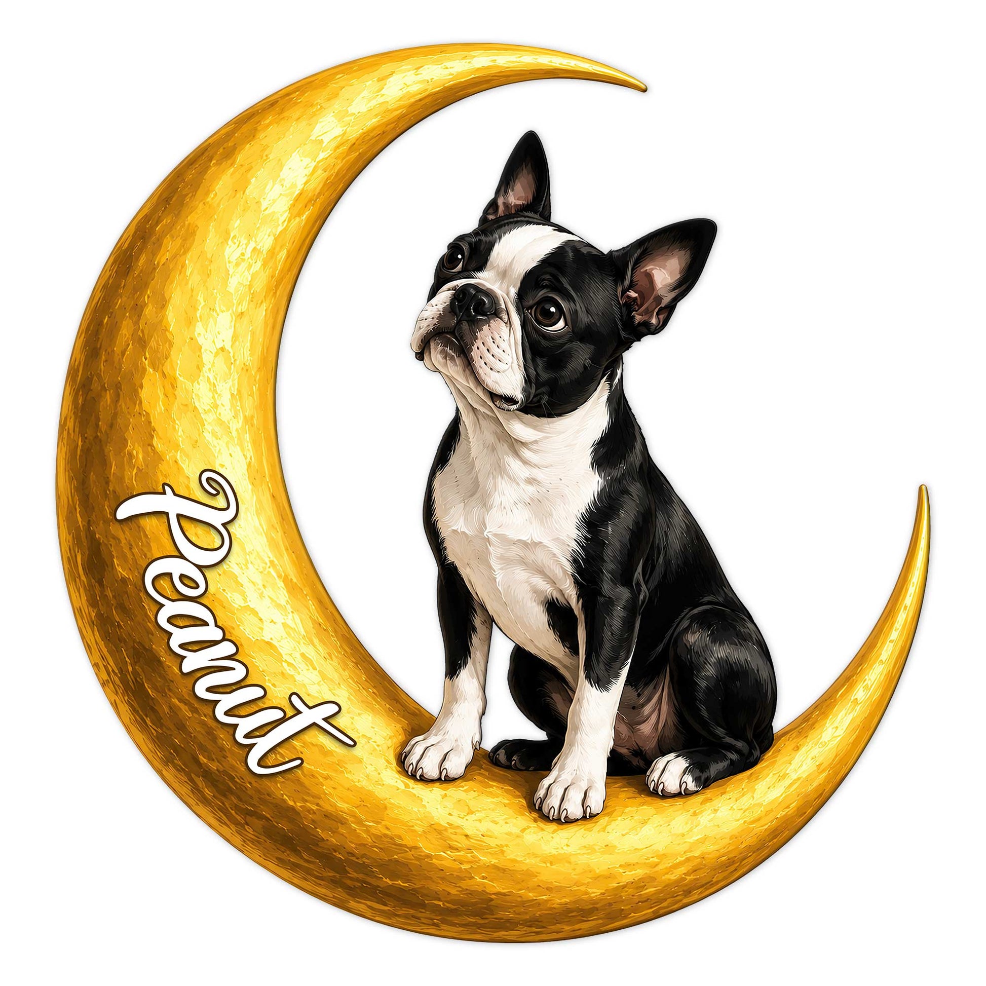 Boston Terrier metal sign featuring a black and white dog seated on a golden crescent moon