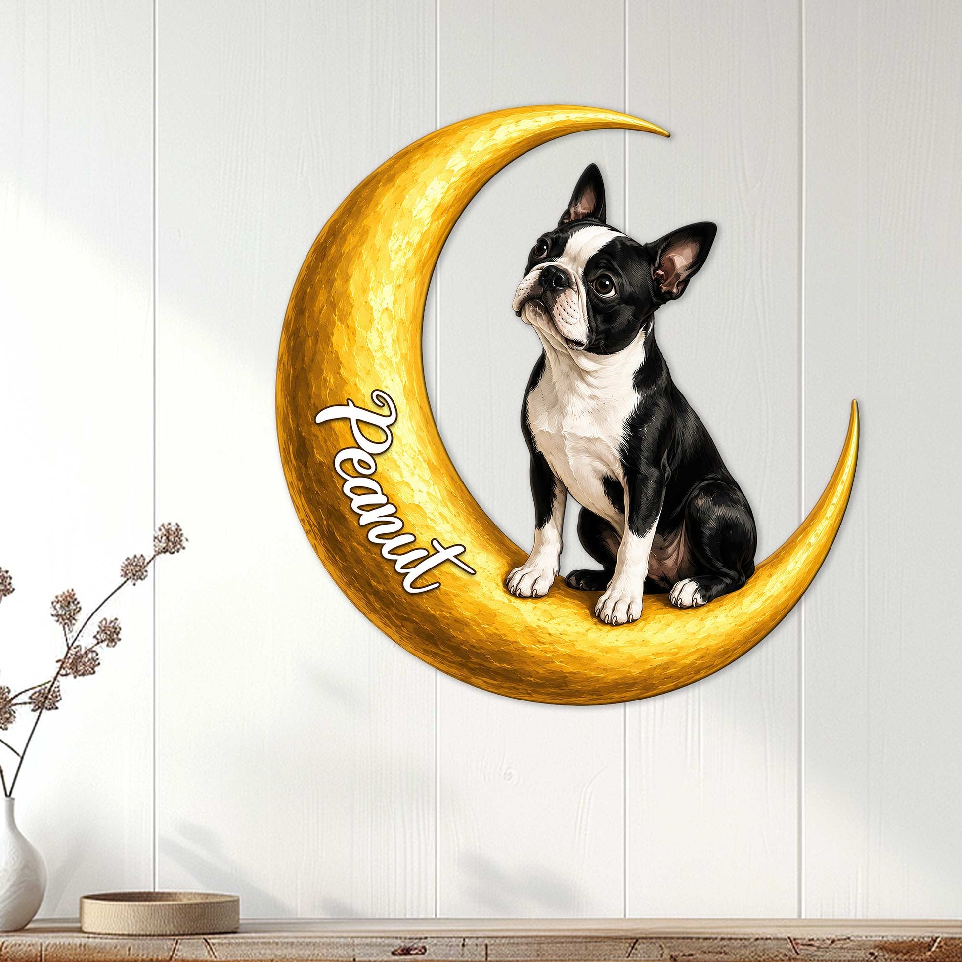 Boston Terrier moon wall sign displayed on a light paneled wall as dog lover home decor