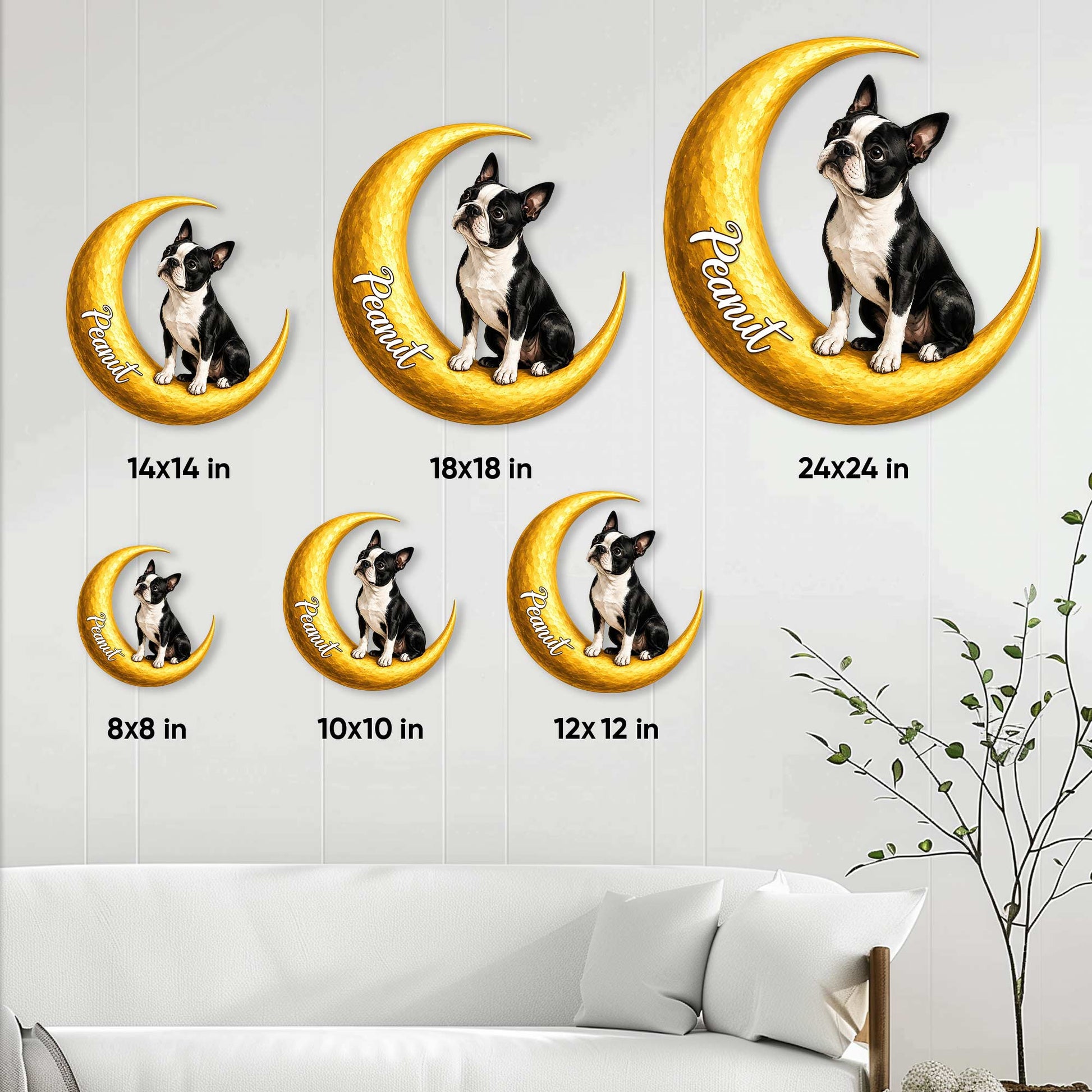 Boston Terrier crescent moon metal sign shown in multiple size options for wall display