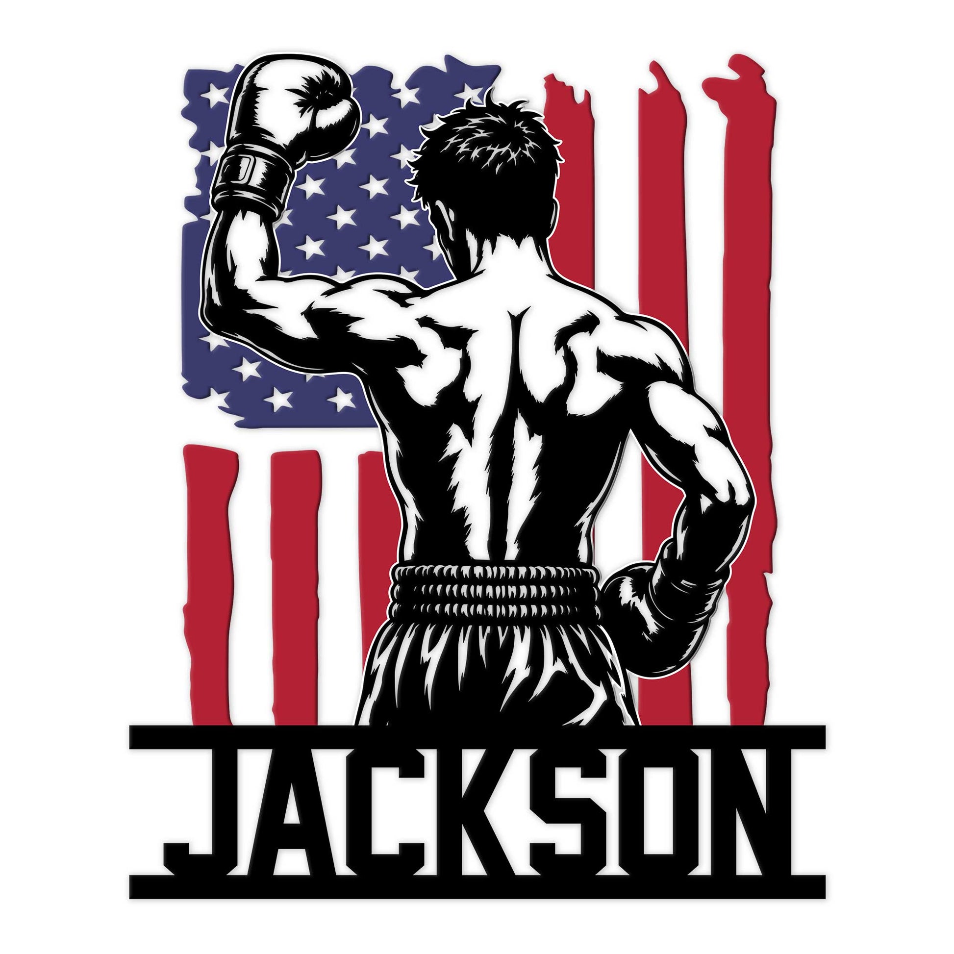 Custom boxing metal sign featuring a muscular boxer raising a glove against a patriotic flag backdrop