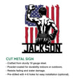 Boxer wall sign shown as a cut metal design with a raised glove, flag backdrop, and installation feature details