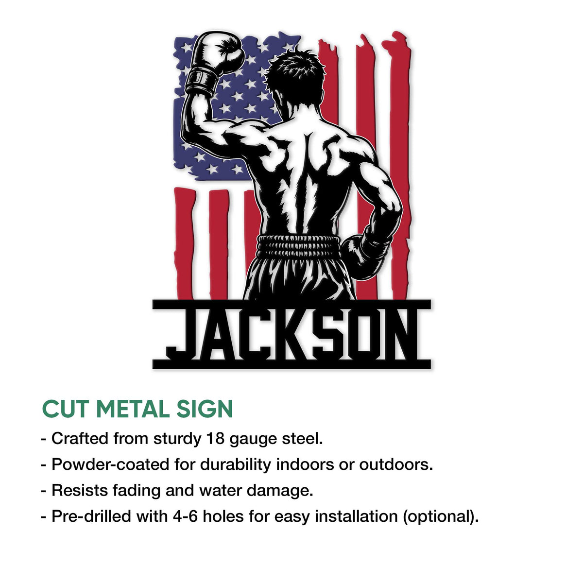 Boxer wall sign shown as a cut metal design with a raised glove, flag backdrop, and installation feature details