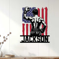 Patriotic boxer metal sign displayed on a light wood wall as bold decor for a home gym or training space