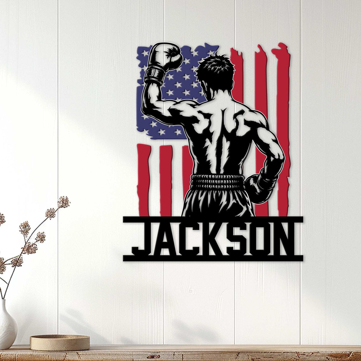 Patriotic boxer metal sign displayed on a light wood wall as bold decor for a home gym or training space