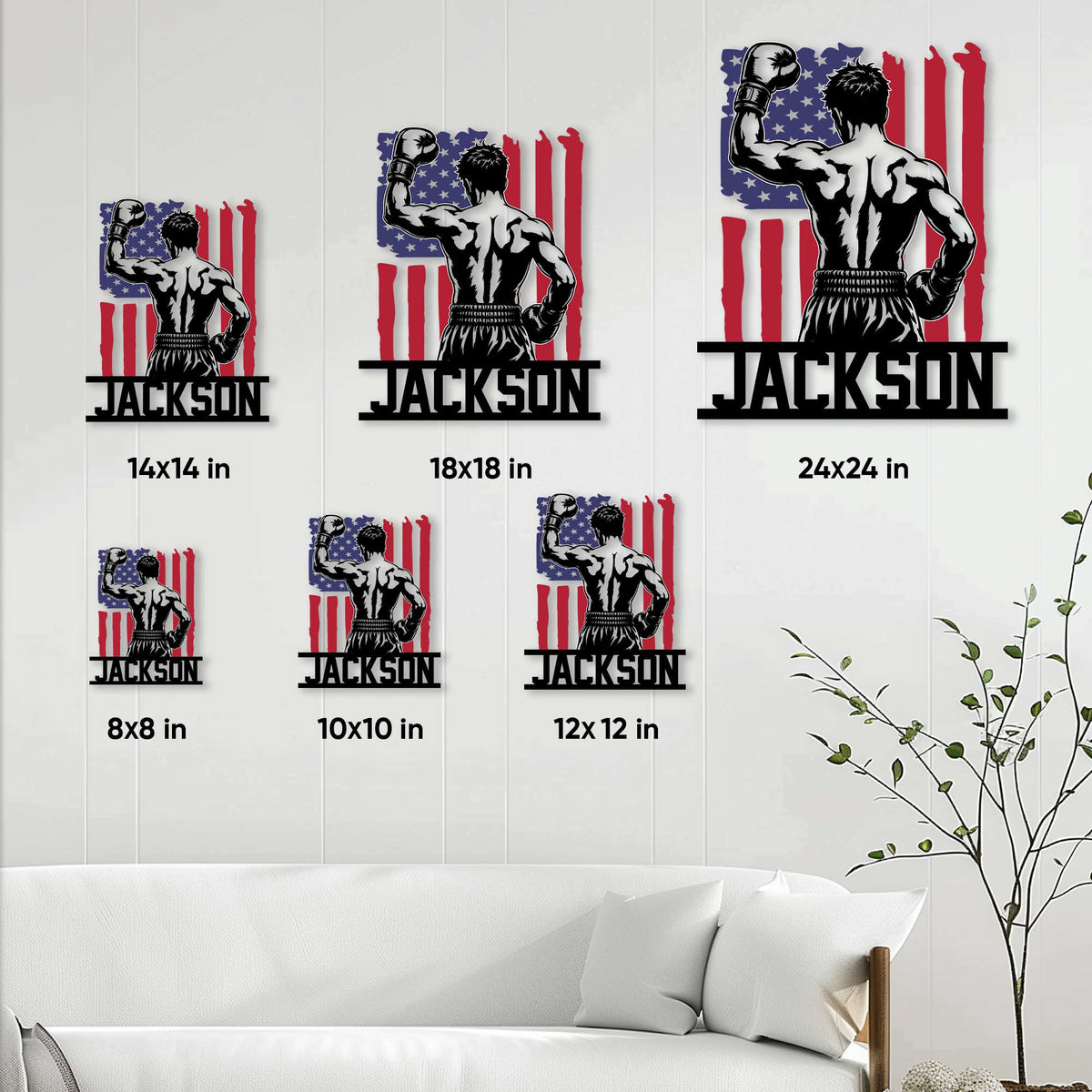 Boxing metal sign size guide showing square options from 8 by 8 inches through 24 by 24 inches