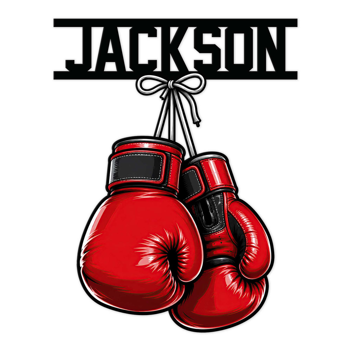 Custom boxing metal sign featuring bold red boxing gloves hanging from a black name-style header