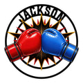 Boxing metal sign featuring red and blue gloves against a bold black, red, and gold burst design