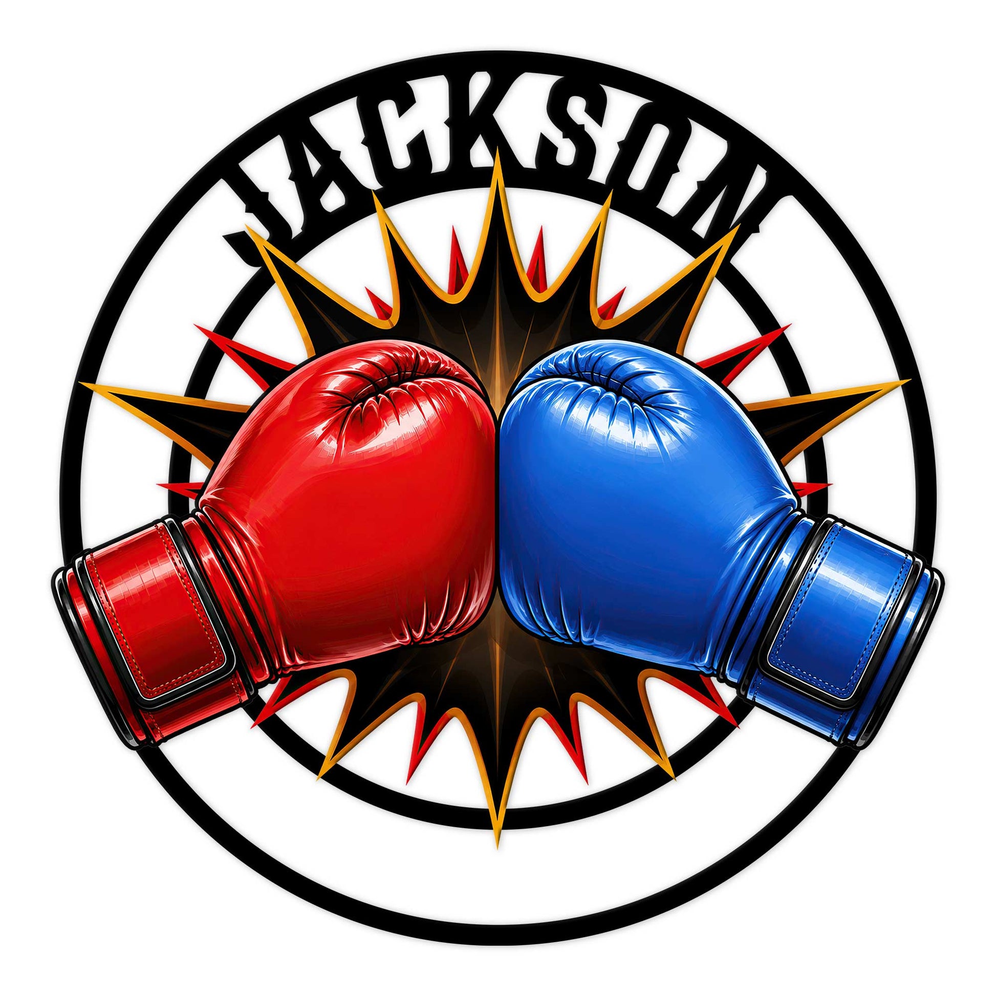 Boxing metal sign featuring red and blue gloves against a bold black, red, and gold burst design