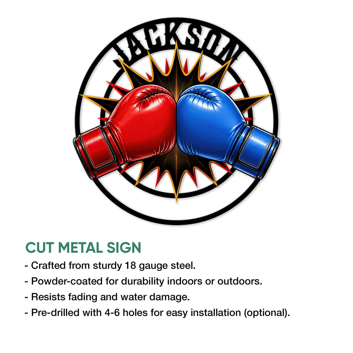 Cut metal boxing sign with opposing red and blue gloves and a dramatic starburst background