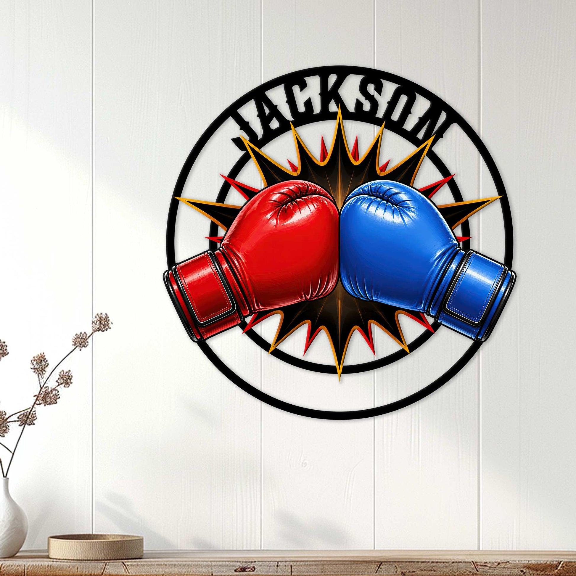 Boxing glove wall sign displayed on white paneling as bold sports-themed home decor