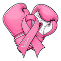 Pink boxing gloves with a breast cancer awareness ribbon on a cut metal sign