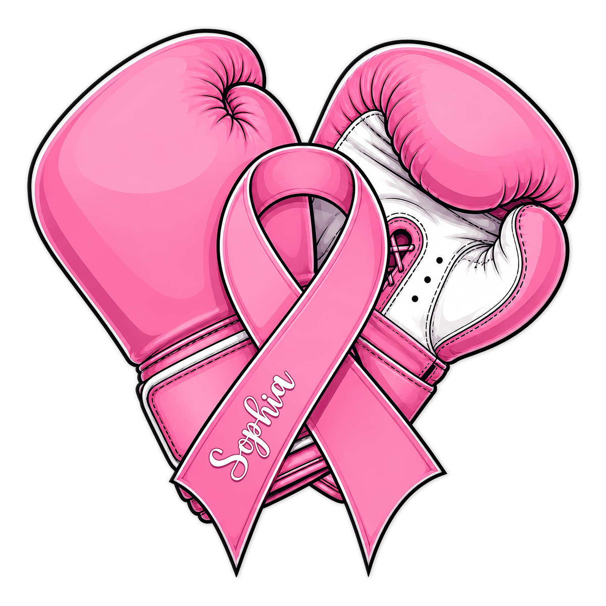 Pink boxing gloves with a breast cancer awareness ribbon on a cut metal sign