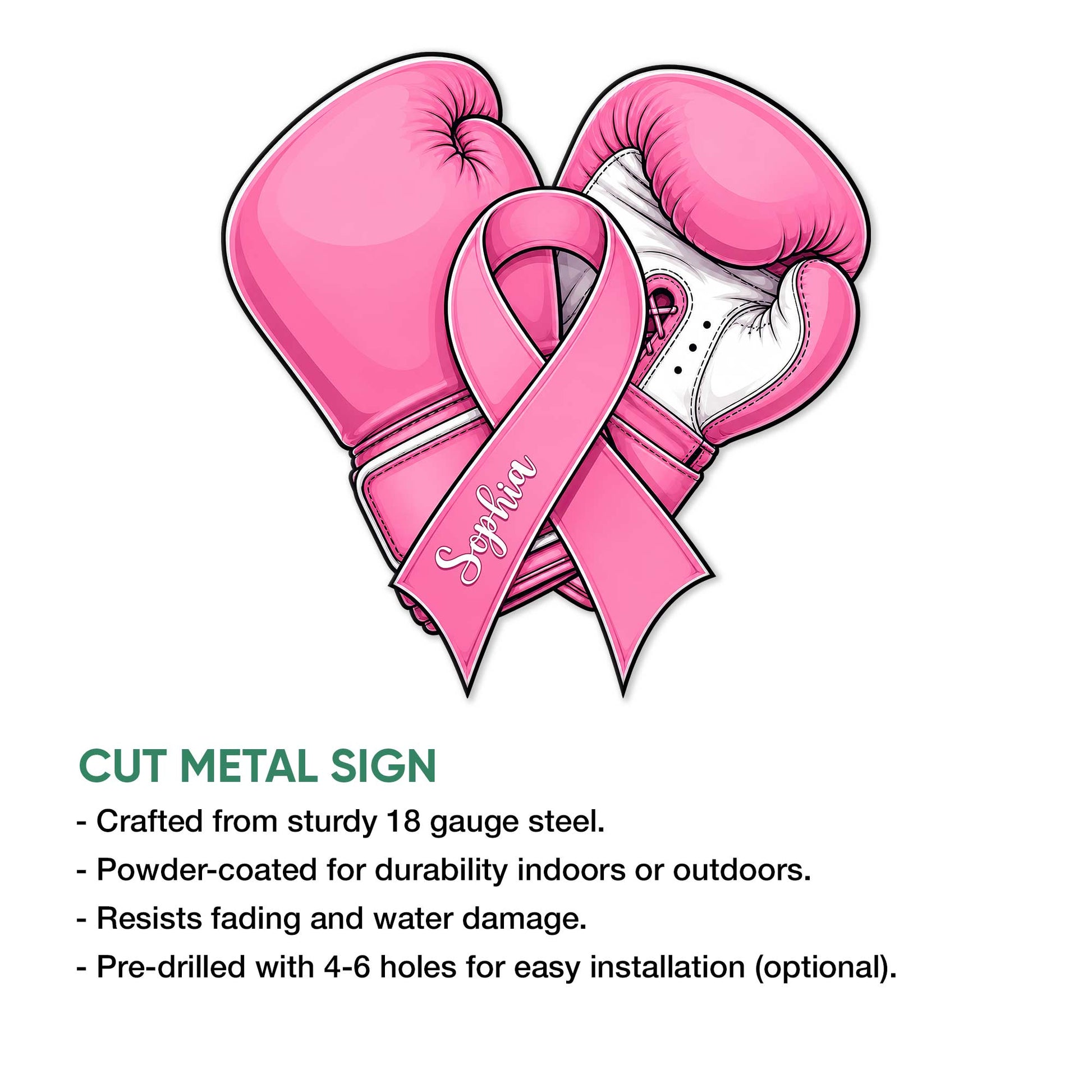 Breast cancer awareness metal sign featuring pink boxing gloves and a prominent ribbon design