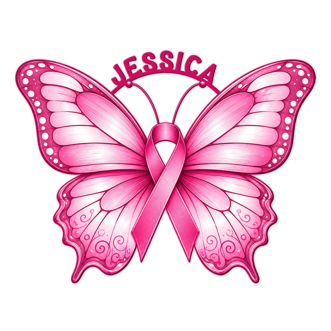 Pink butterfly with a breast cancer awareness ribbon forming a decorative metal sign design