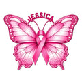 Pink butterfly with a breast cancer awareness ribbon forming a decorative metal sign design