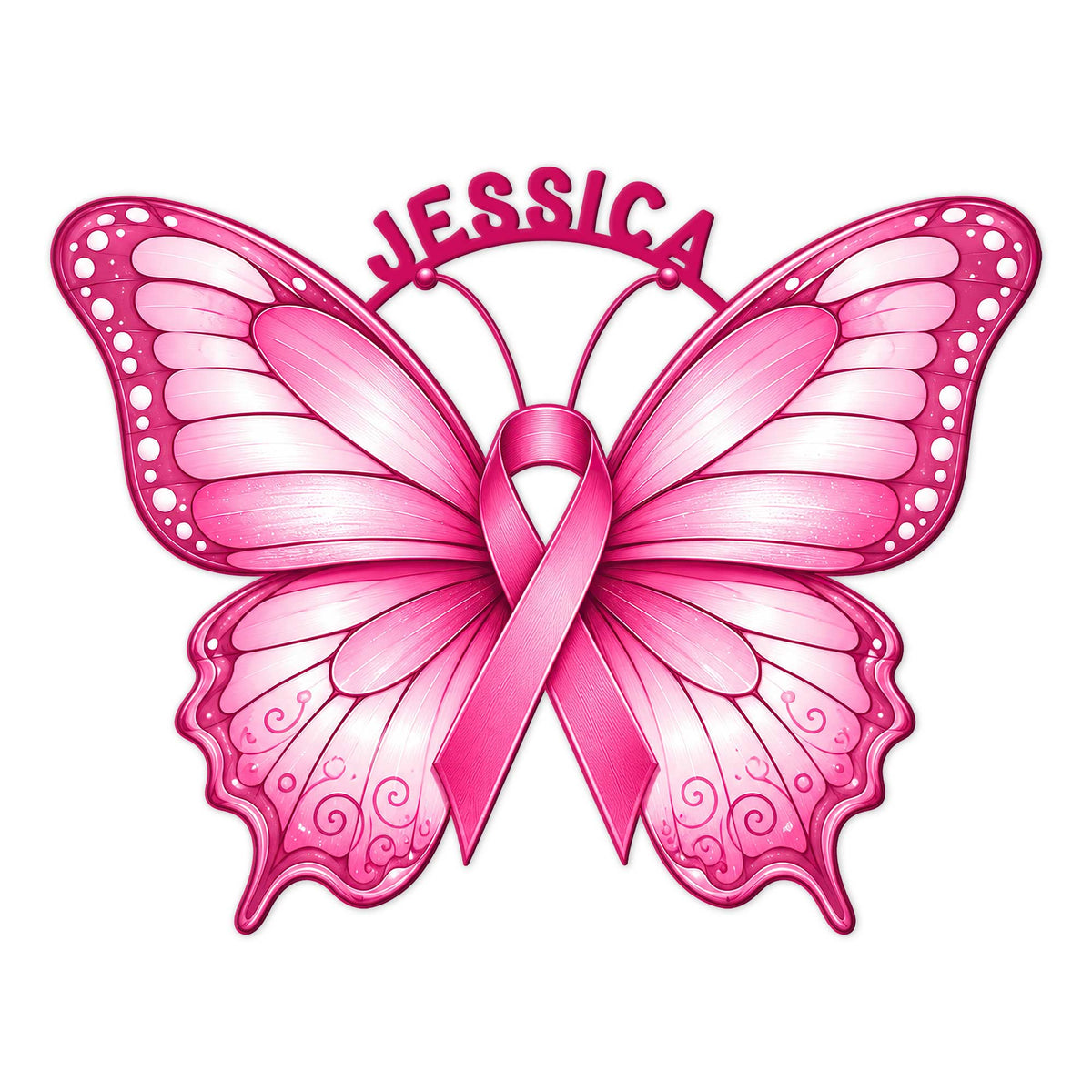 Pink butterfly with a breast cancer awareness ribbon forming a decorative metal sign design