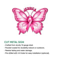 Breast cancer awareness butterfly ribbon cut metal sign shown in a product feature graphic