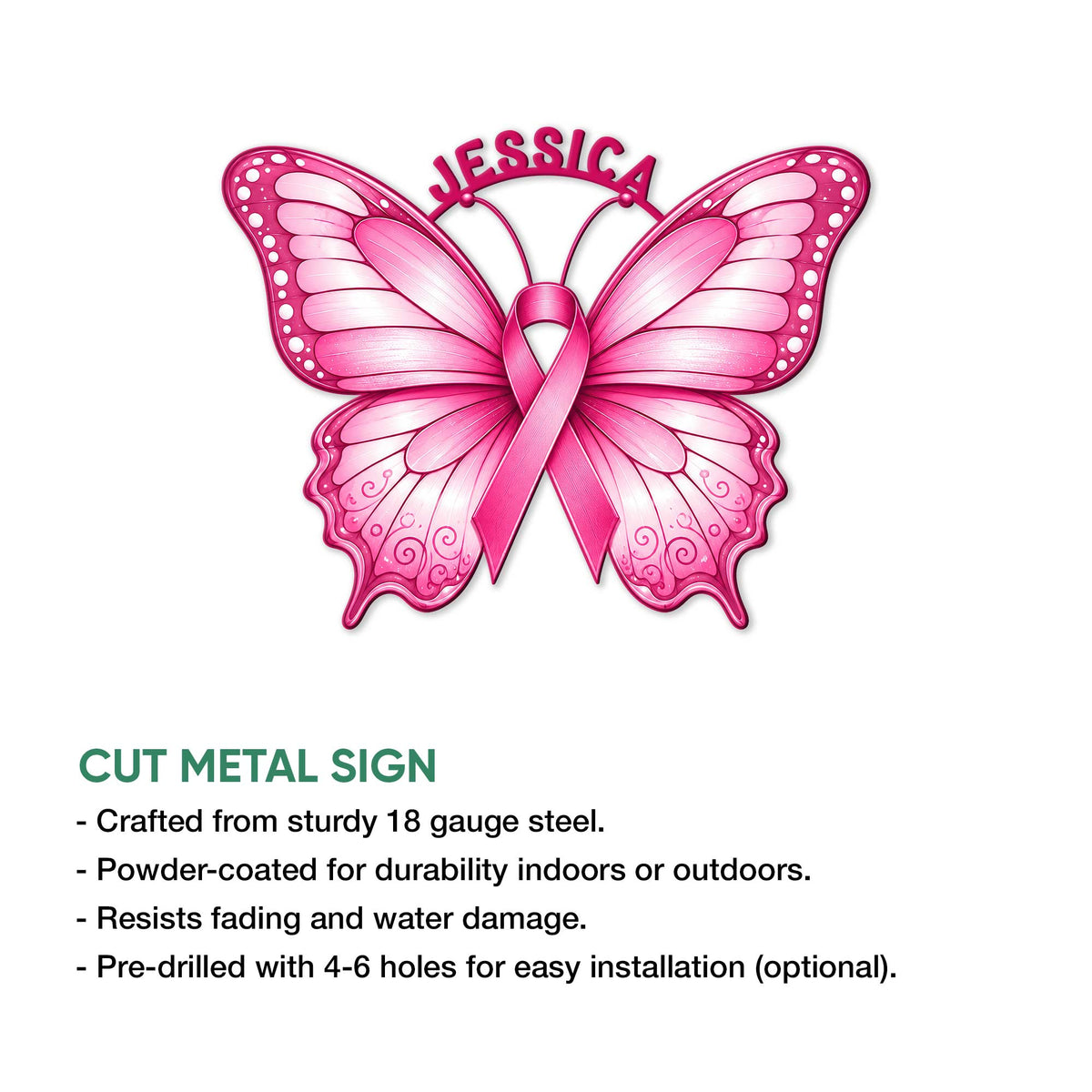 Breast cancer awareness butterfly ribbon cut metal sign shown in a product feature graphic