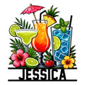 Colorful cocktail metal sign featuring a margarita, tropical drinks, citrus, hibiscus flowers, pineapple, and palm leaves