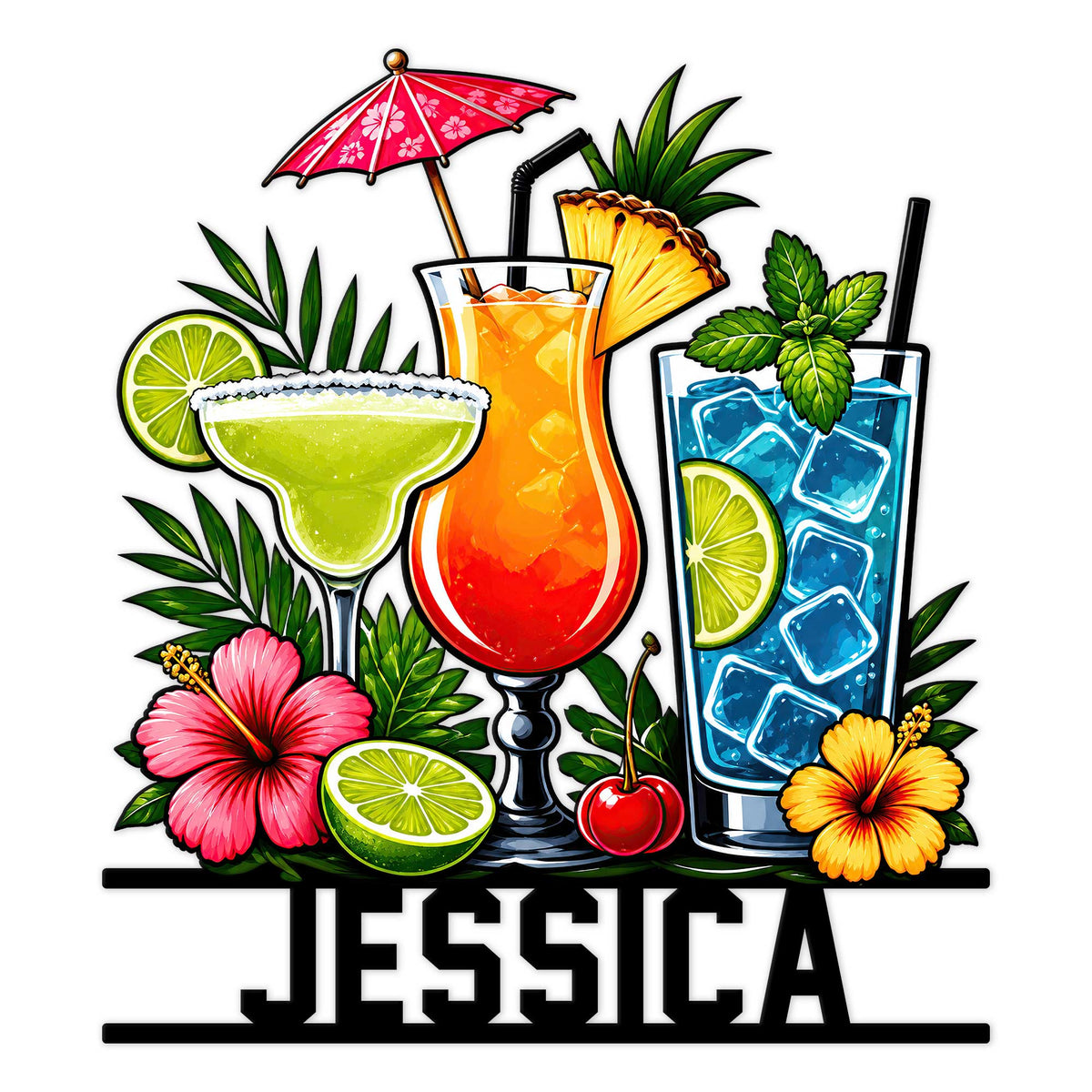 Colorful cocktail metal sign featuring a margarita, tropical drinks, citrus, hibiscus flowers, pineapple, and palm leaves