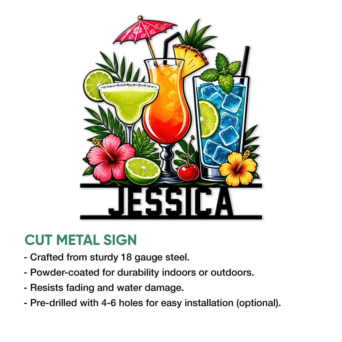 Tropical cocktail metal sign product overview showing the colorful drink artwork and cut metal sign presentation