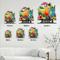 Tropical cocktail metal sign size guide showing six square size options from 8x8 to 24x24 inches