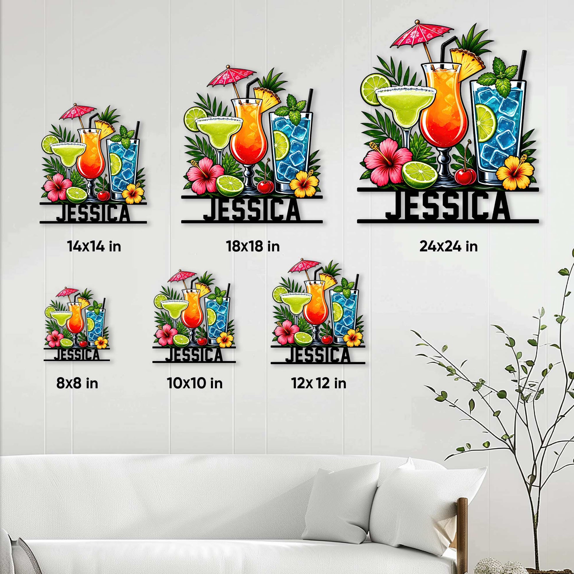 Tropical cocktail metal sign size guide showing six square size options from 8x8 to 24x24 inches