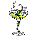 Ornamental cocktail martini glass metal sign with vivid green swirls and elegant black linework
