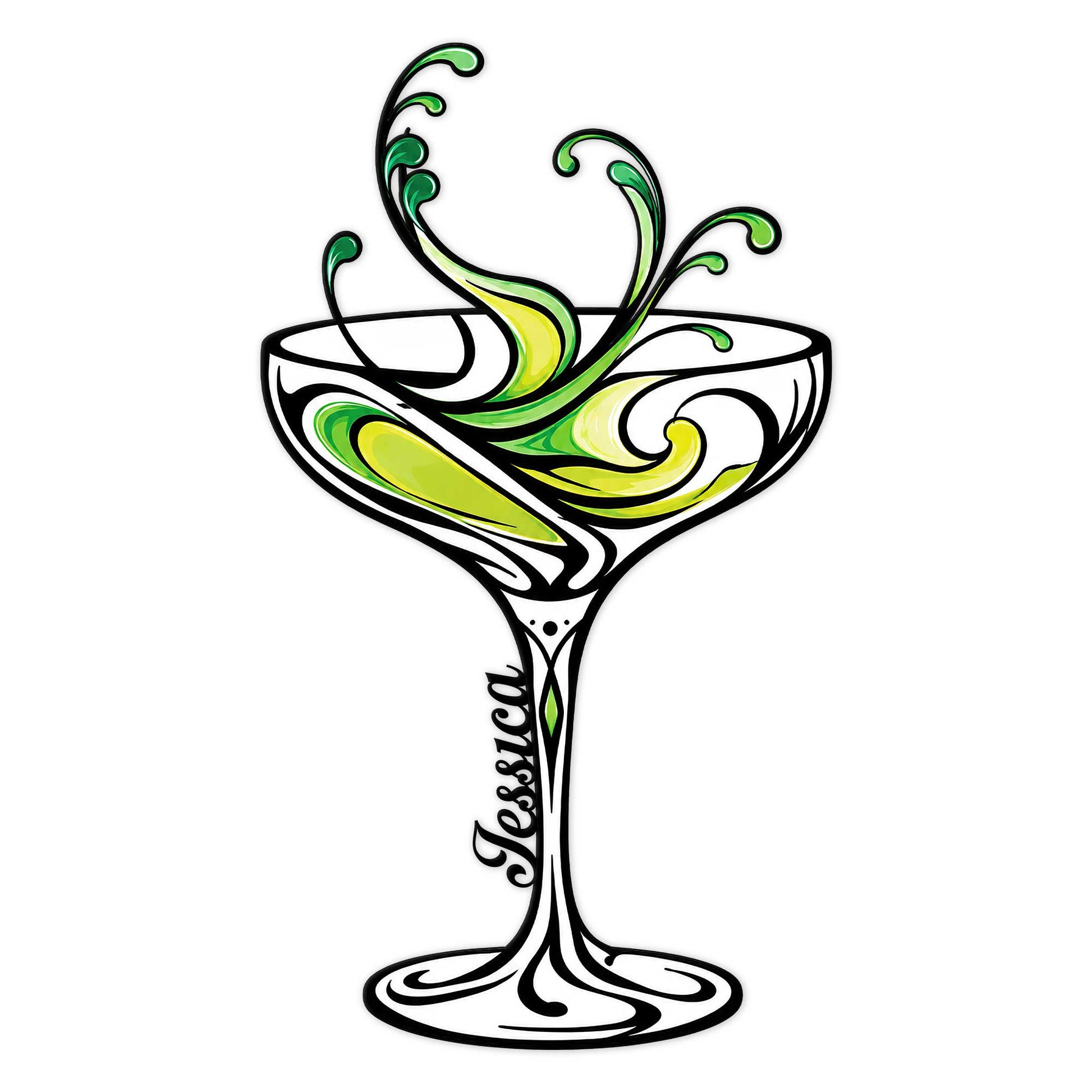 Ornamental cocktail martini glass metal sign with vivid green swirls and elegant black linework