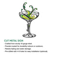Decorative cocktail glass metal sign shown with a cut-metal sign feature infographic