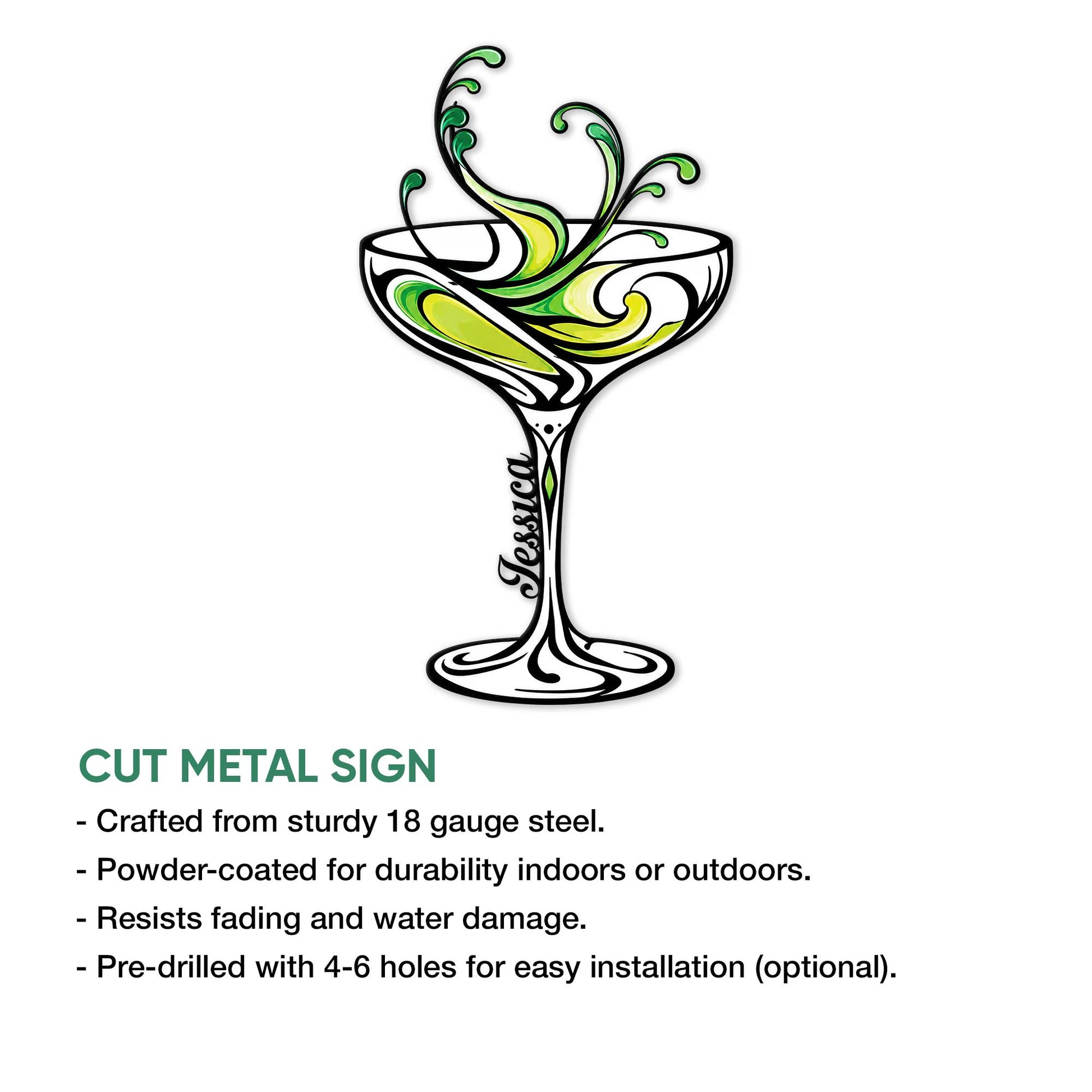 Decorative cocktail glass metal sign shown with a cut-metal sign feature infographic