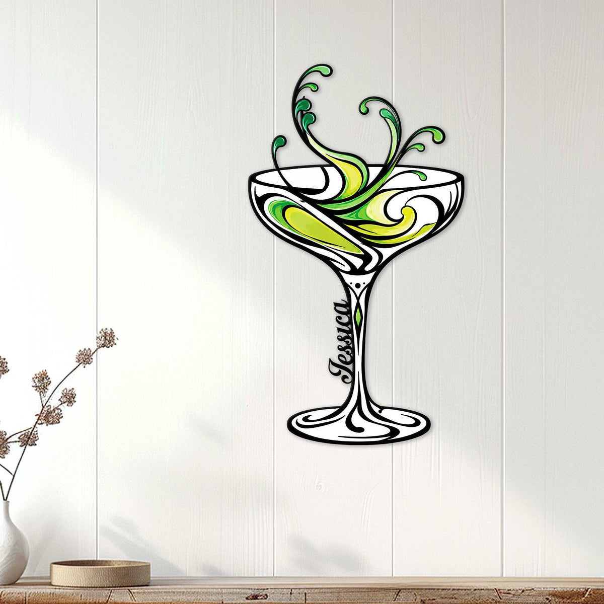 Green and black martini glass metal sign displayed as stylish wall decor in a bright home