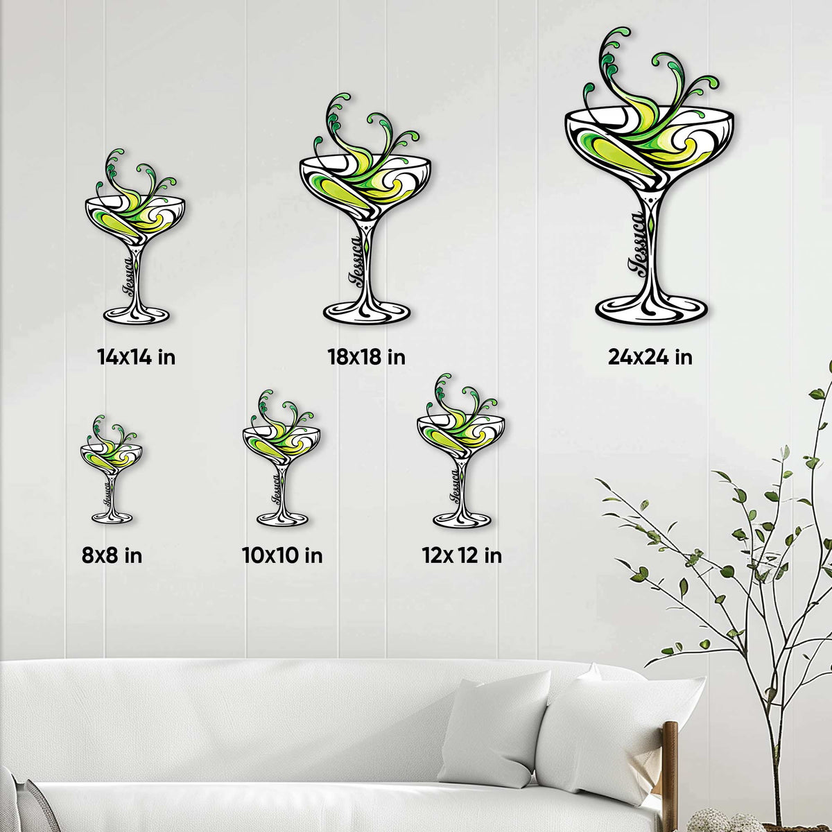 Cocktail glass metal sign size guide showing six available square dimensions from 8 to 24 inches