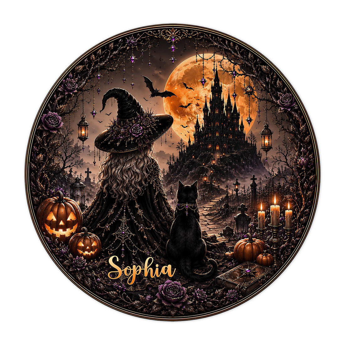 Round Halloween metal sign featuring a witch, black cat, pumpkins, bats, and a haunted castle under an orange moon