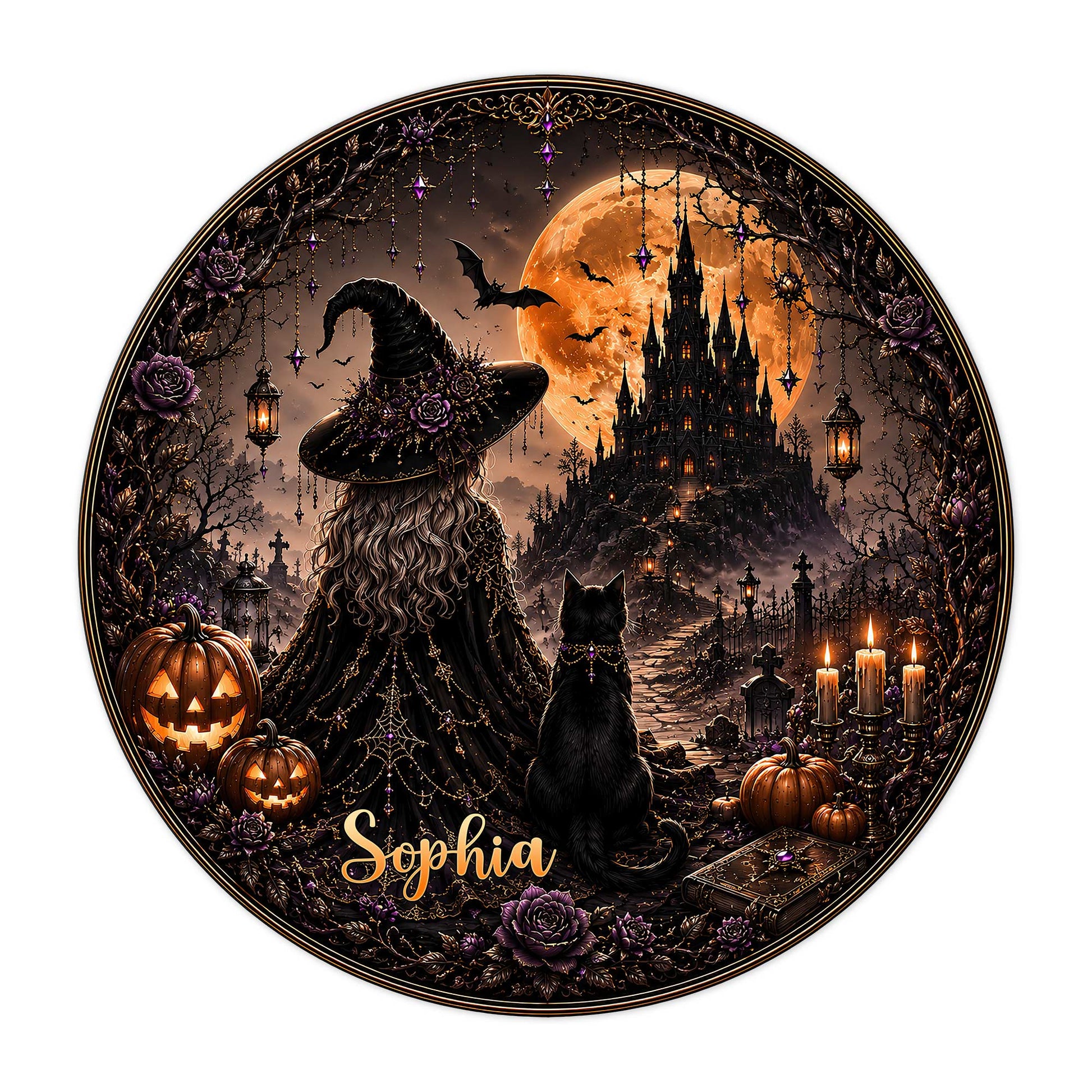 Round Halloween metal sign featuring a witch, black cat, pumpkins, bats, and a haunted castle under an orange moon