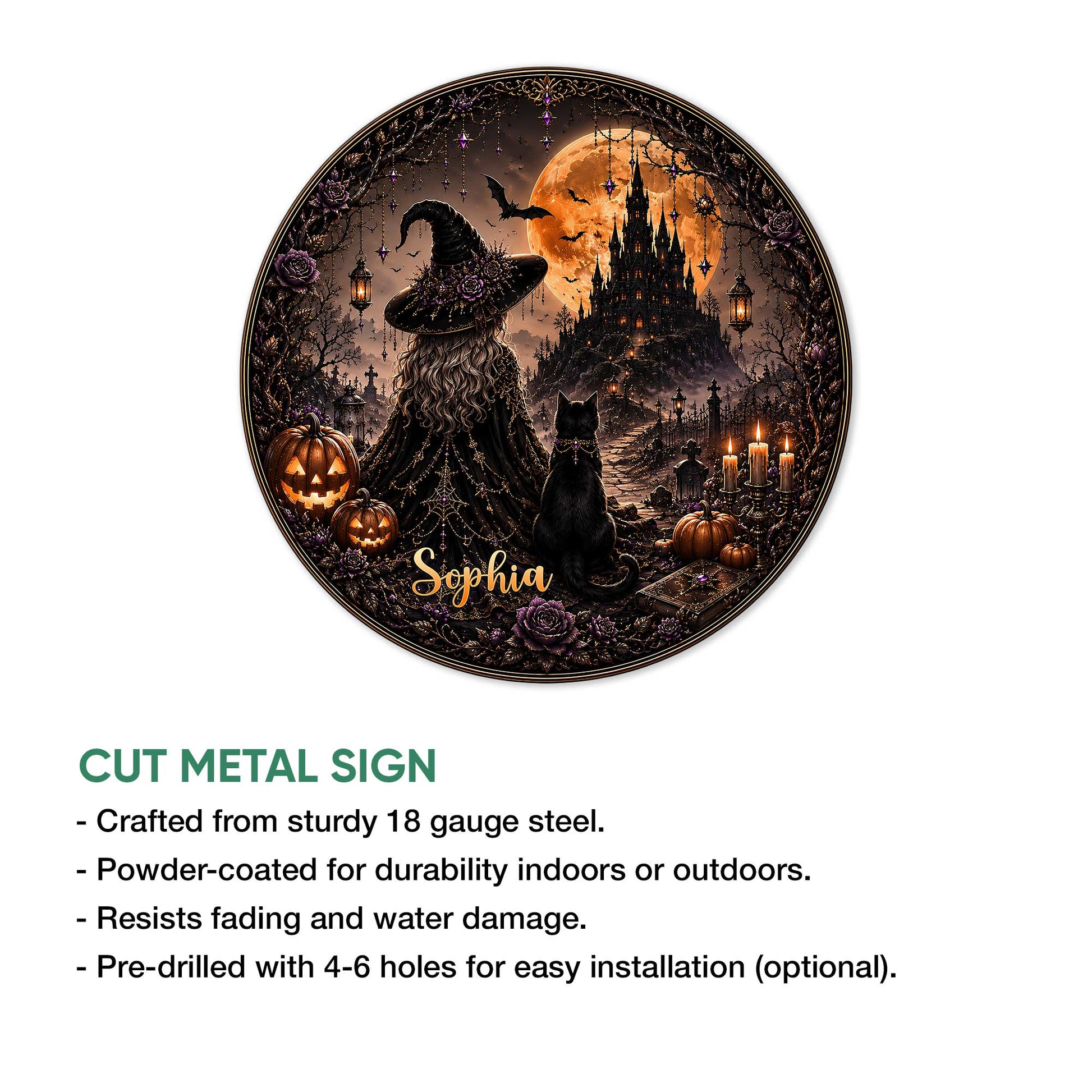 Halloween witch metal sign feature graphic showing a gothic moonlit scene and cut metal sign details