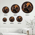 Halloween witch metal sign size guide showing round sign options from 8 by 8 inches to 24 by 24 inches