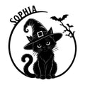 Black cat witch metal sign featuring a pointed hat, bats, and a spooky circular silhouette