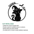 Black cat Halloween metal sign shown with a cut-metal sign feature and witch-themed artwork