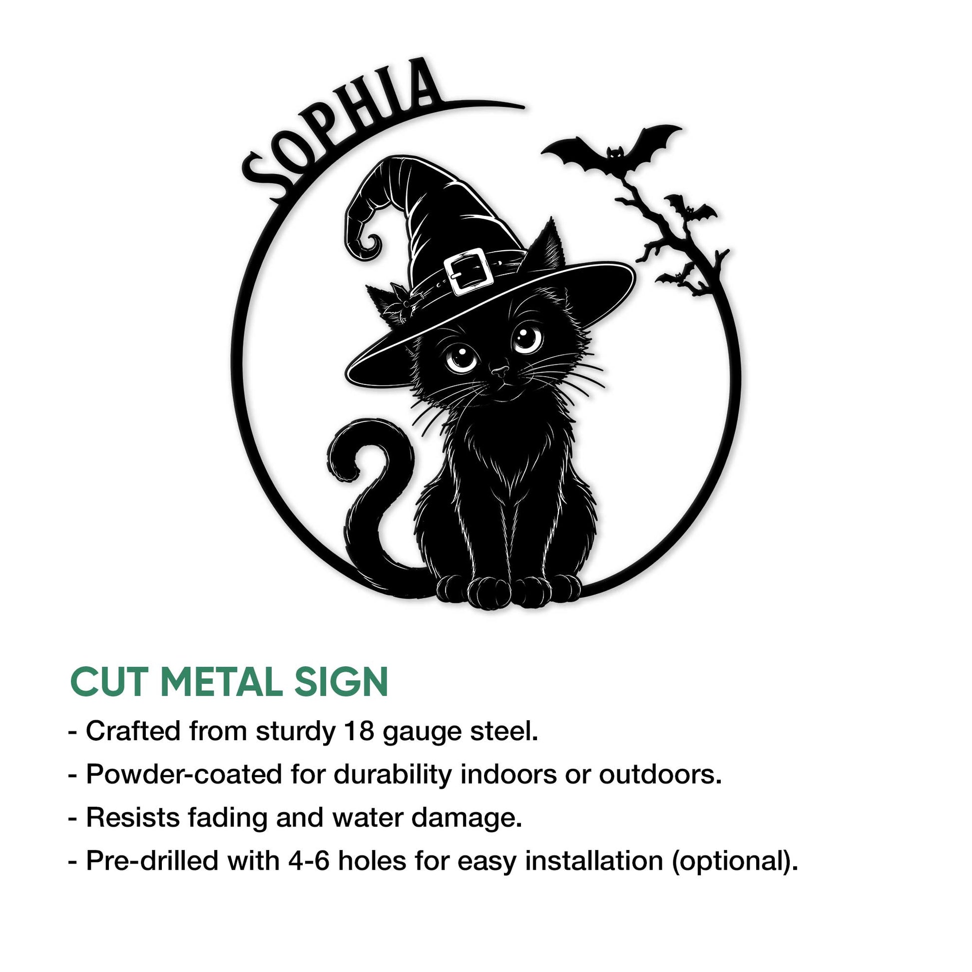 Black cat Halloween metal sign shown with a cut-metal sign feature and witch-themed artwork
