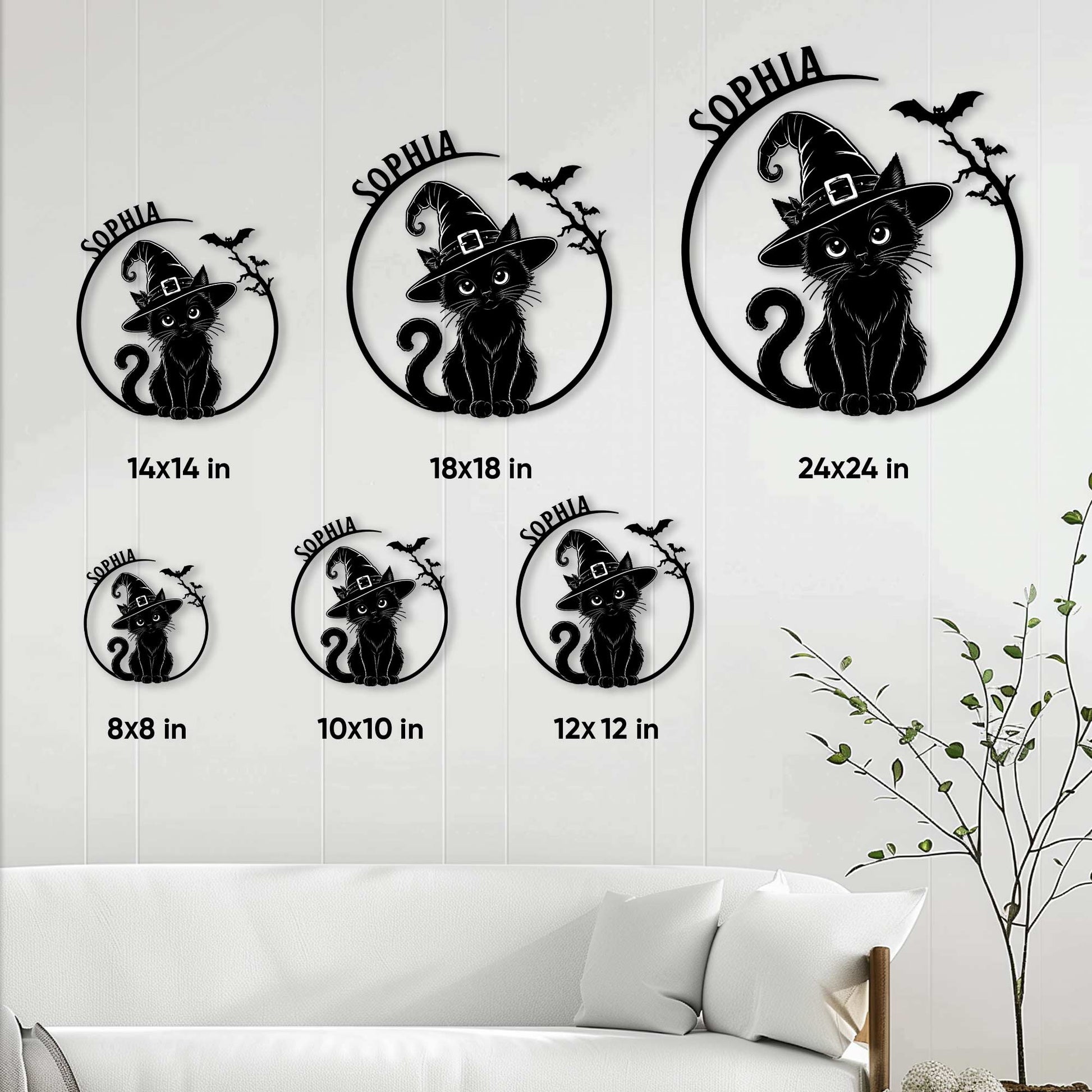Black cat Halloween metal sign shown in multiple size options above a living room sofa